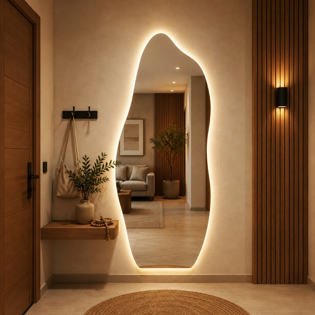 Espelho Orgânico Com Led 150x50Cm Para Sala Quarto Banheiro Moldura Flame Led Quente ou Frio