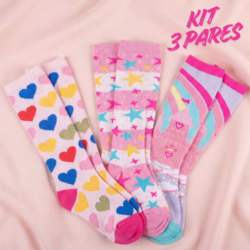 Kit 3 Pares Meia Infantil Menina Galochita 3/4 Algodão Cano Longo Colorida Estampada