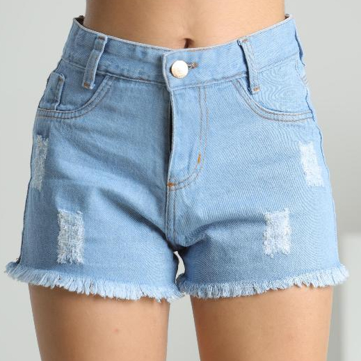 Short Infantil Jeans Menina Cintura Alta Modelo Liso Barra Desfiada Lavagem Clara