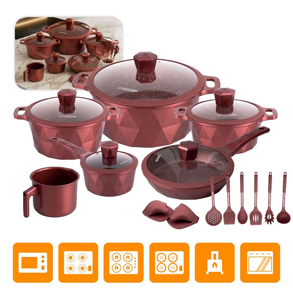 Kit Jogo de Panelas 18 Peças Antiaderente London Com Tampa de Vidro Conjunto + Utensílios