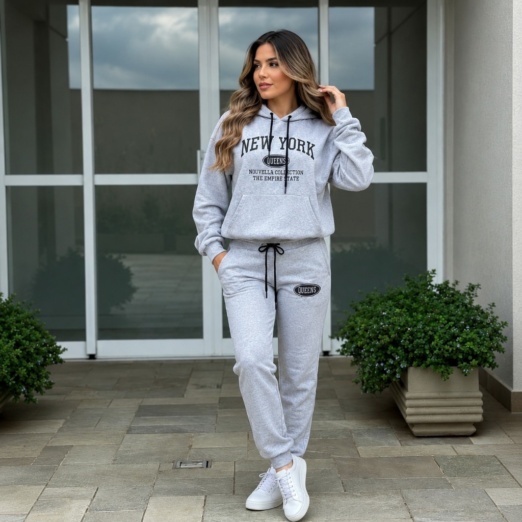 Conjunto Moleton Feminino New York Moletom Flanelado com Bolso e Touca