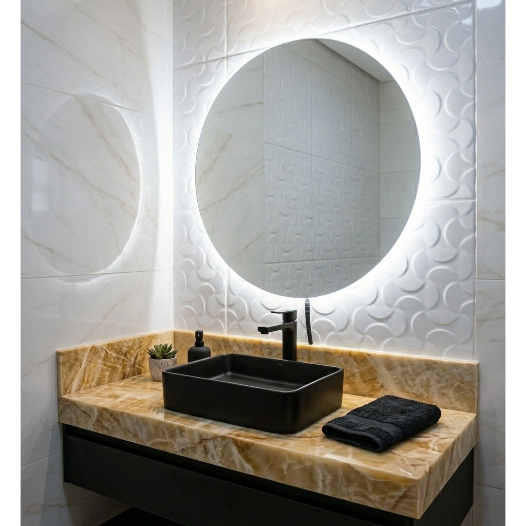 Espelho Redondo 80Cm X 80Cm Lapidado com LED À PILHA ou COM FONTE 12V Ambiente Moderno Decoração · foto 2