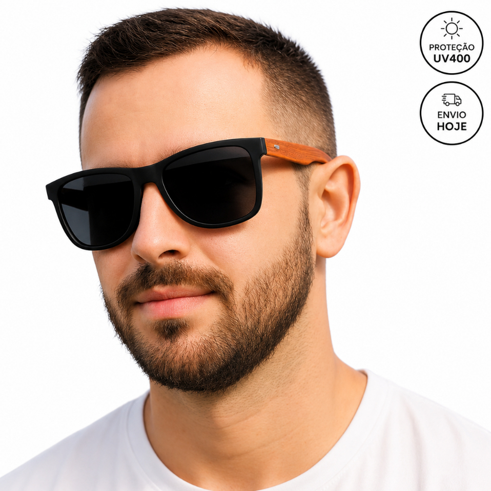 Óculos de sol de Madeira Bambu Premium Masculino Quadrado,  Proteção UV400