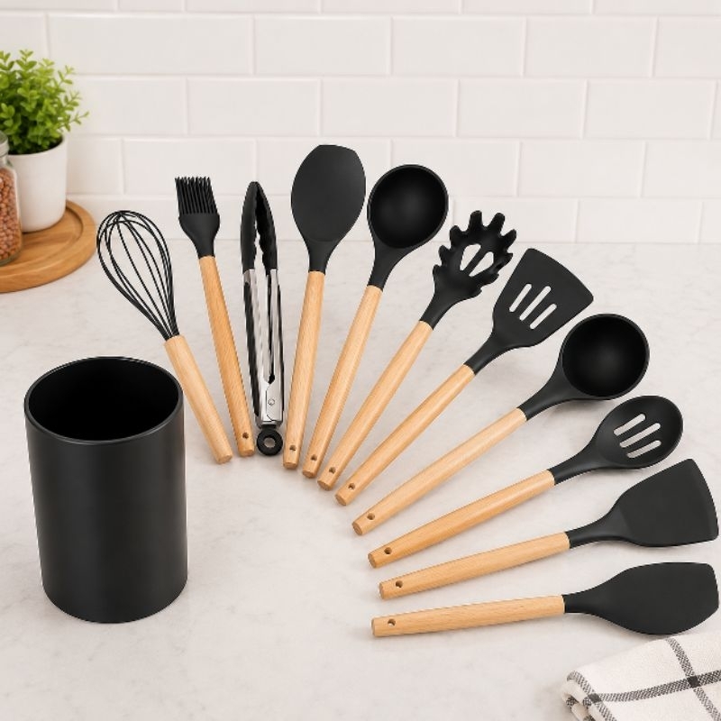 kit 12 peças utensílios de silicone e bambu para cozinha antiaderente HEESEM