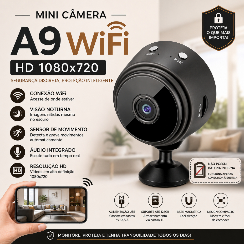 Mini Câmera A9 WiFi Full HD 1080p Espiã Segurança Residencial Visão Noturna Áudio e Sensor Movimento