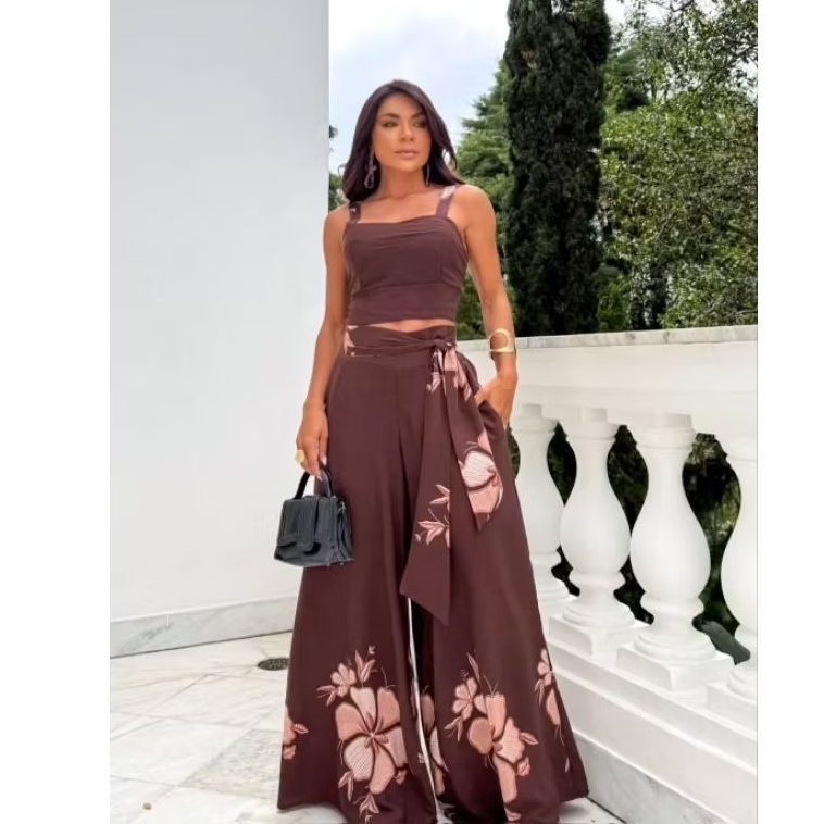 Conjunto Feminino Cropped + Calça Wide Leg Floral Amarração - Calça Pantalona Elegante