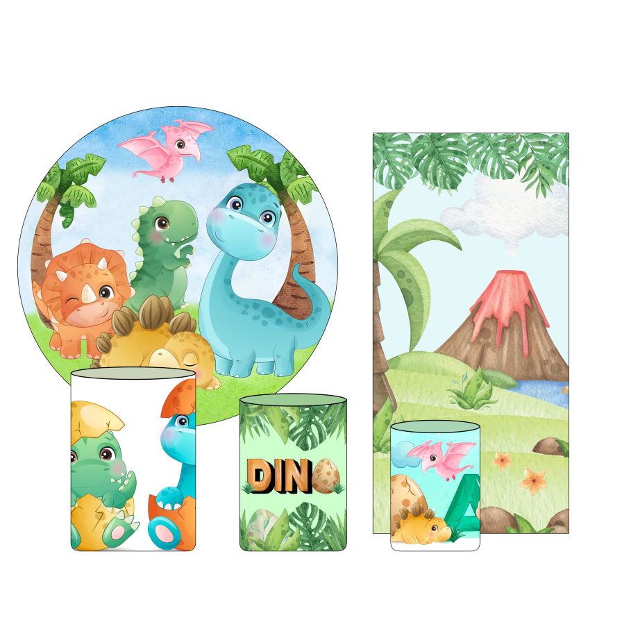 KIT PAINEL DE FESTA DINOSSAURO CUTE BABY - 1 REDONDO 1,50 + 1 VERTICAL 2X1 + 3 CAPAS CILINDRO