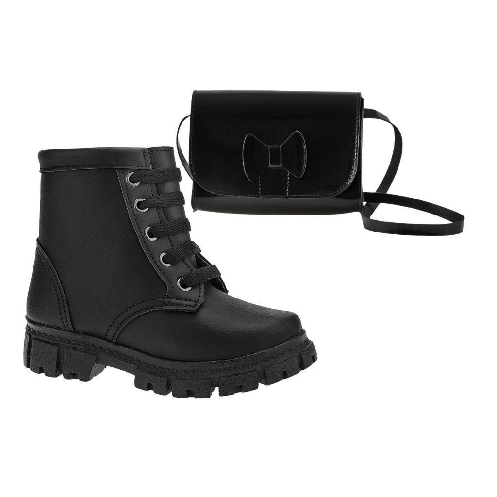 Kit Coturno e Bolsa Preta Infantil Bota Cano Médio Casual e Bolsa De Ombro Delicada e Leve Menina