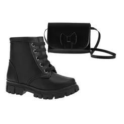 Kit Coturno e Bolsa Preta Infantil Bota Cano Médio Casual e Bolsa De Ombro Delicada e Leve Menina