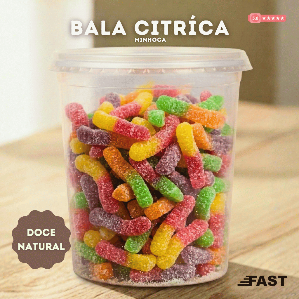 Pote com Bala de Goma 3Kg Estilo Minhoca Fini Colorida de Frutas Cítrica e Azedinha Ideal para Festa