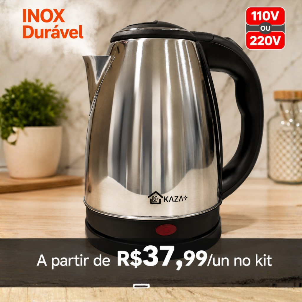 Chaleira Elétrica Inox 1,8L 110V ou 220V Jarra Sem Fio Desligamento Automático Fervimento Rápido Kit