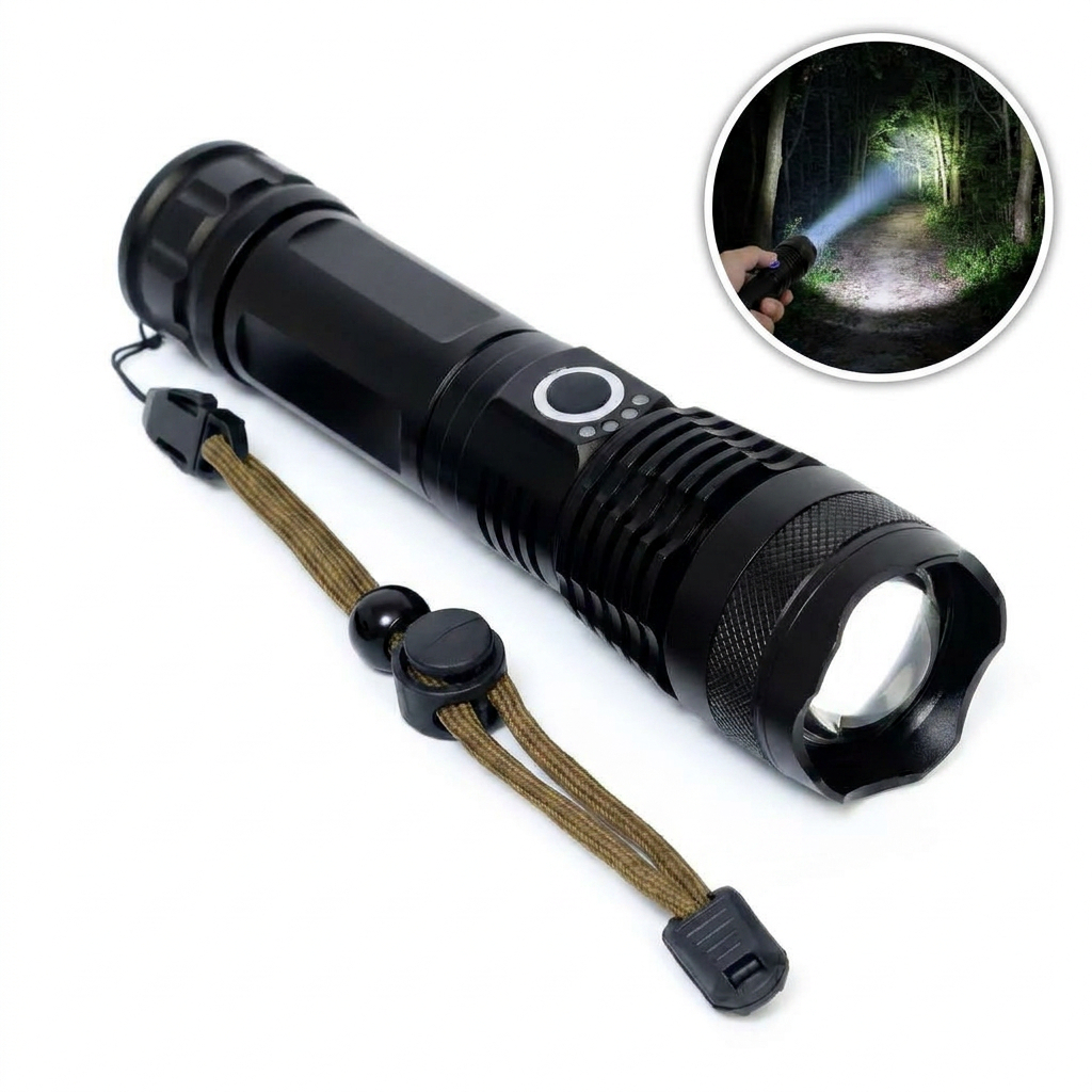 Lanterna Tática T9 LED Recarregável USB Alta Potência Zoom Preta