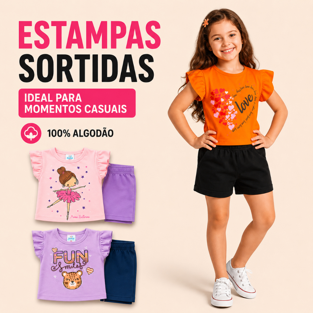 Conjunto Infantil Feminino Verão Algodão 1 a 10 Anos Leve Confortável Estampas Sortidas Promoção
