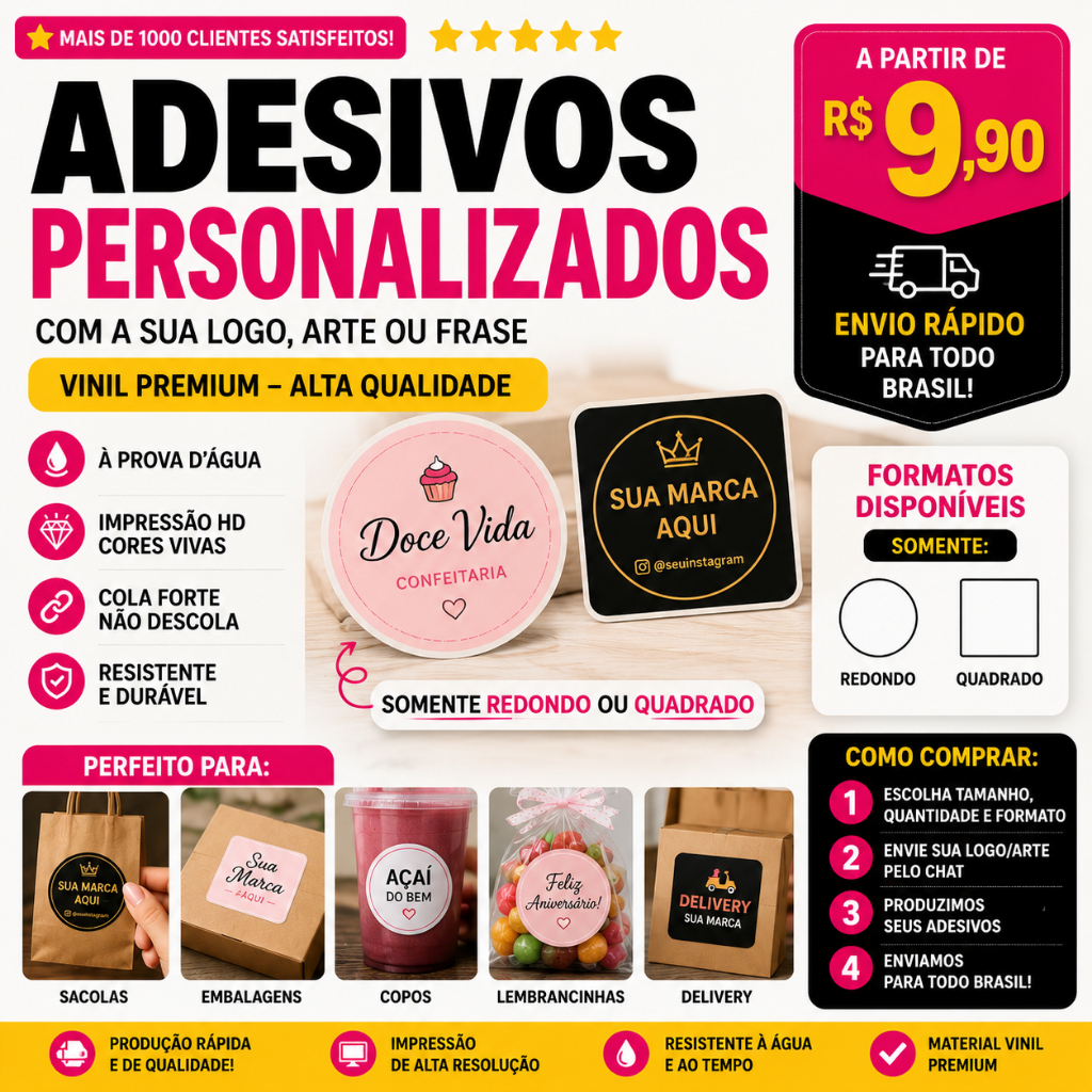 Adesivo Personalizado Vinil Premium| Etiqueta com Logo, QR Code, Delivery, Embalagem e Lembrancinhas