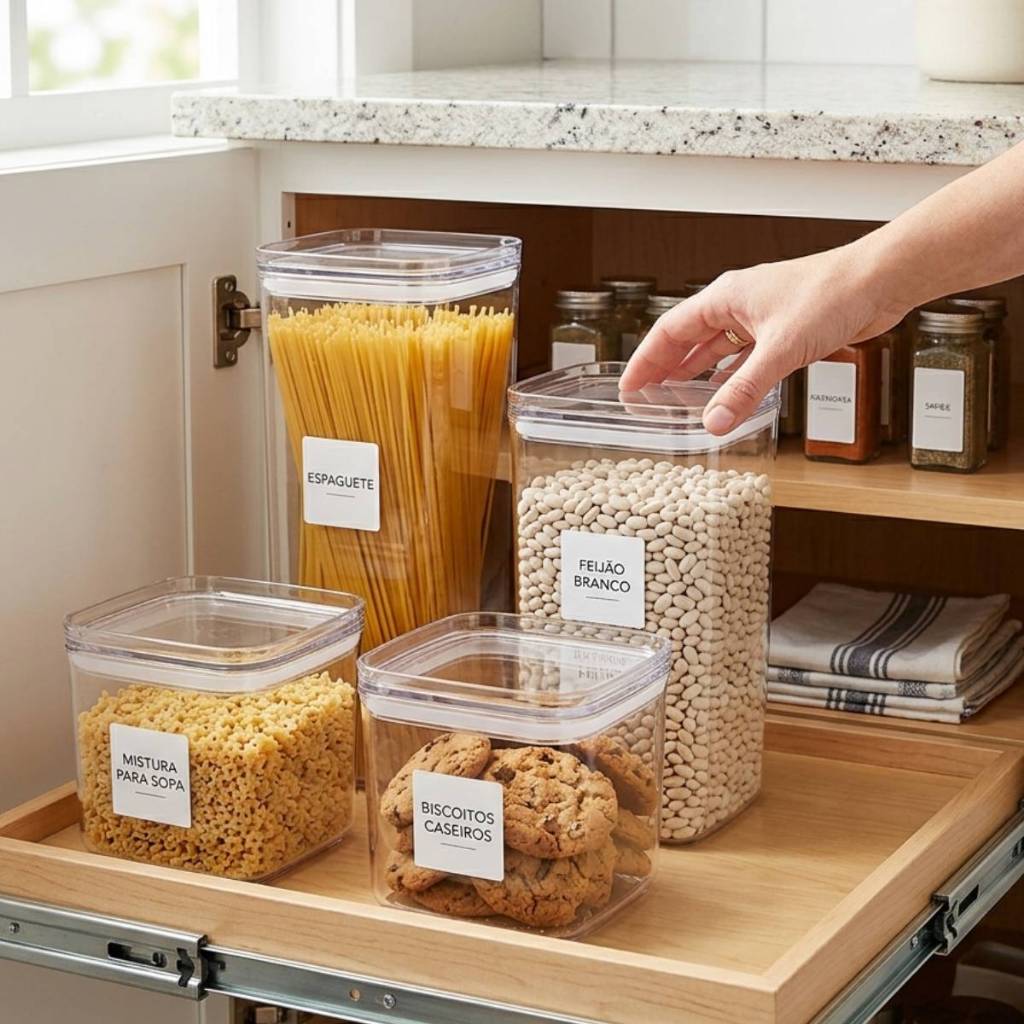 Kit 4 Potes Organizadores 3,4 Litros Modulares Porta Mantimentos Empilháveis Transparente com Tampa Hermética de Vedação