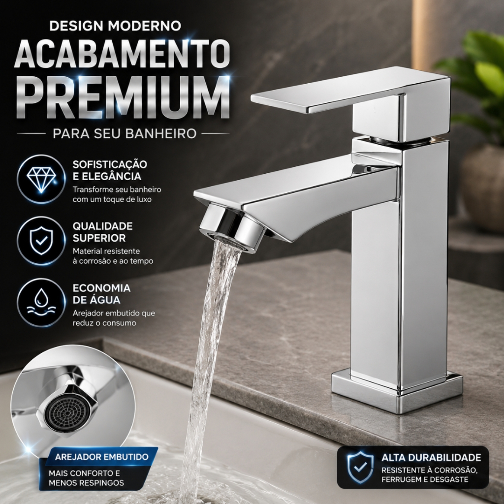 Torneira Banheiro Misturador Monocomando  Lavabo Bica Baixa Quadrada Cromada Design Moderno