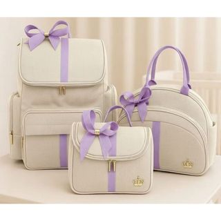 kit Maternidade Bebe Bolsa Bege/Lilas Mochila Luxo Laço 3 bolsas Marfim