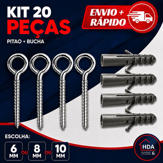 Kit de Gancho Fechado Pitão e Bucha para Fixação de 6, 8 ou 10 mm - 20 peças - São Raphael