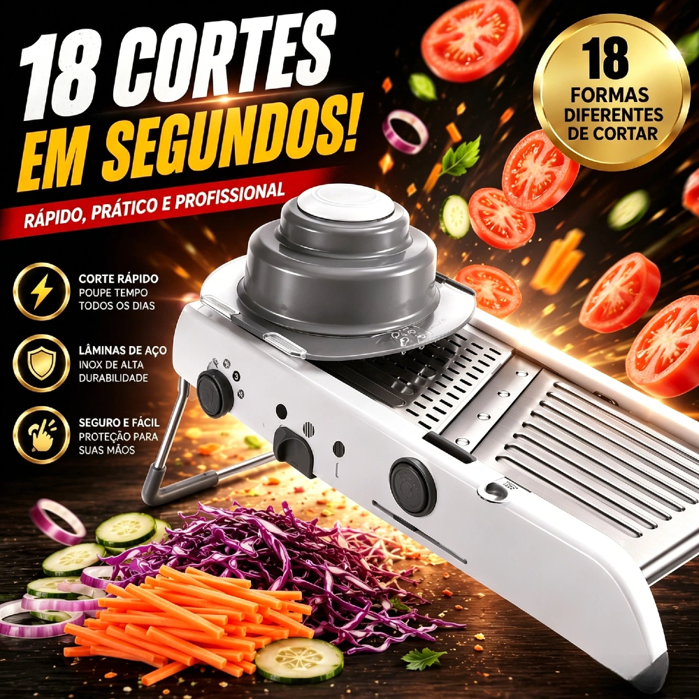 Mandoline Profissional Inox Ajustável 18 Tipos de Corte, Fatiador e Cortador de Batata, Cebola e Frutas para Cozinha
