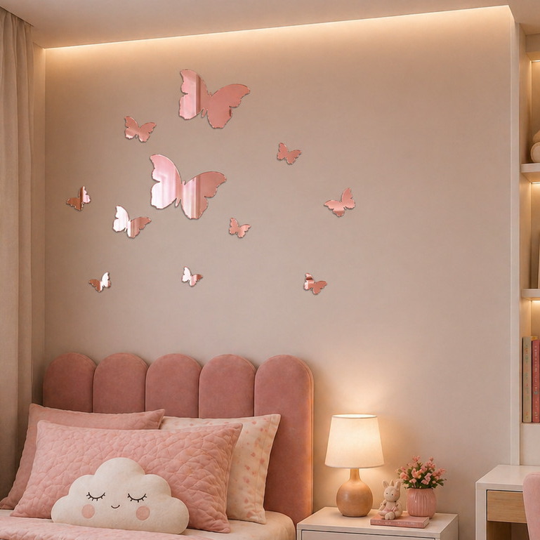 Borboletas Espelho Rose Kit 9 Adesivo Parede Decoracao Quarto Sala Kit Feminino