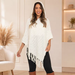 Poncho Feminino Xale de Tricô com Touca Inverno Quente Elegante Tamanho Único 38 ao 52 Colorido