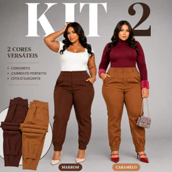 Kit 2 Calças Alfaiataria Feminina Plus Size Cintura Alta Elegante Social Casual G1, ao, G3