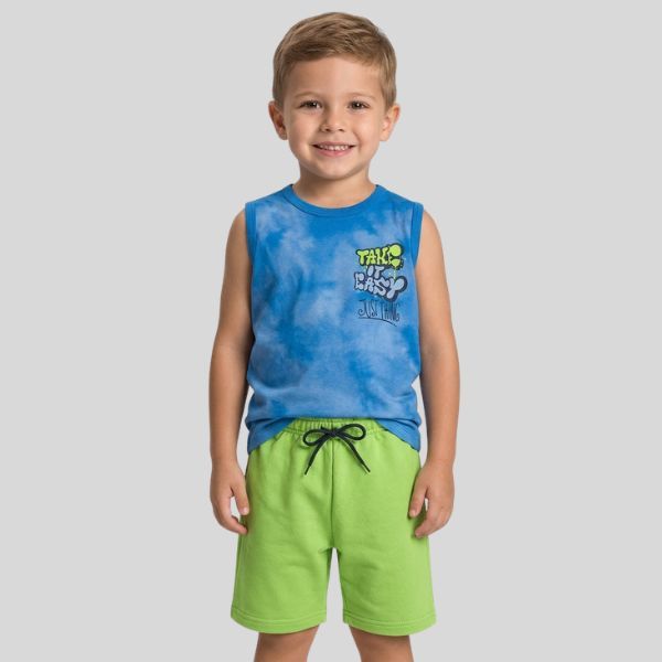 Conjunto Infantil Juvenil Verão Menino Regata Estampada Bermuda Moletinho Com Elástico Confortável - Pronta Entrega