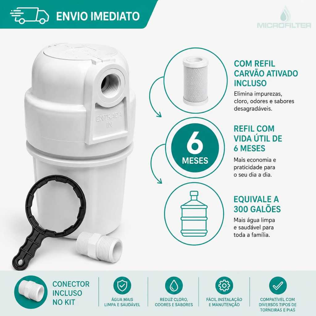 Purificador Filtro de Água Completo com Carbon Block Carvão Ativado Torneira Pia Bebedouro Pou