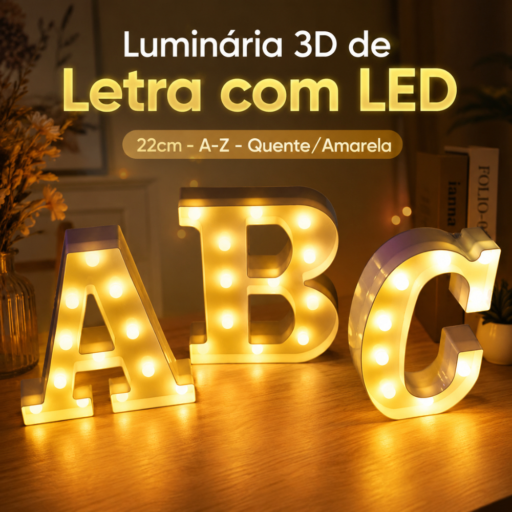 Luminária De Letra Grande Com Led 22CM 3D Decorativa Luminosa Festa A-Z Luz Quente Amarela