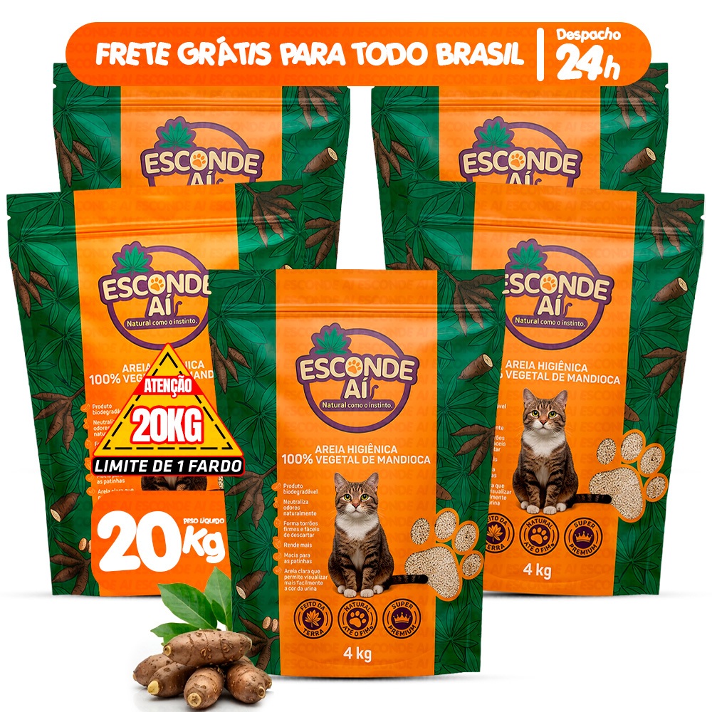 Areia de Mandioca Esconde Ai Granulado Sanitário Higiênico Para Gatos Biodegradável de 4KG a 20KG