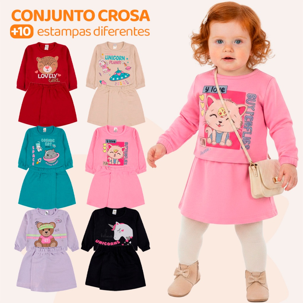 Kit Sortido 2 ou 4 Peças Menina Short Saia e Cropped Moletinho 100% Algodão Infantil Feminino Estiloso Blogueirinha