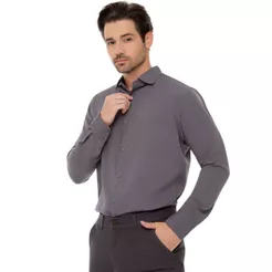 Camisa Social Masculina Manga Longa Slim Elegante Casual Trabalho Conforto Confortável Premium Passa Fácil Cinza