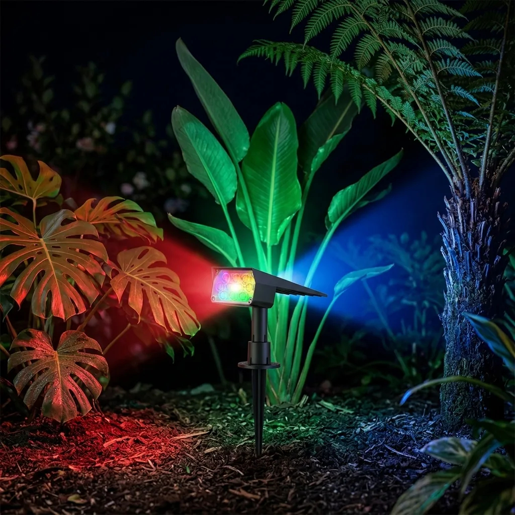 Espeto Solar LED RGB Jardim 200 Lumens IP54 Refletor Colorido Vermelho Verde Azul — Decoração Externo
