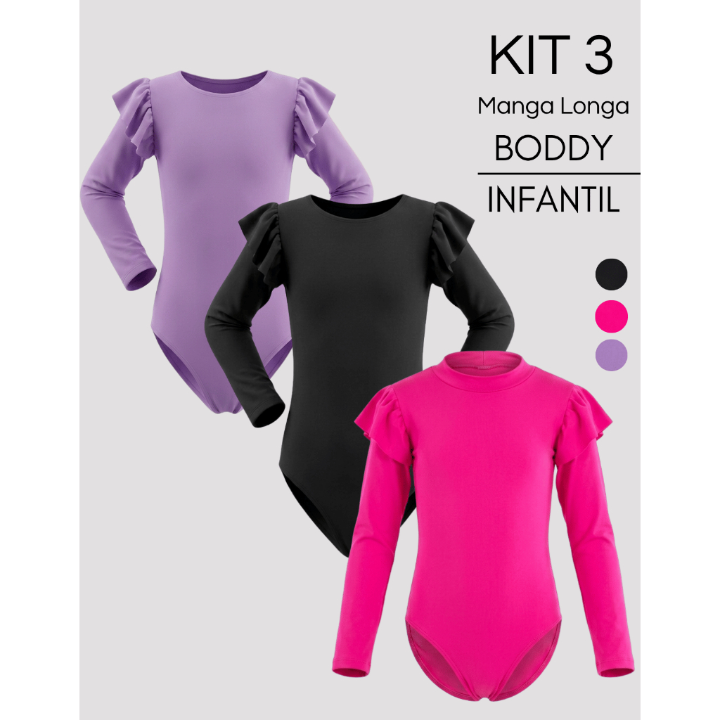 Kit 3 Body Infantil Manga Longa Com Babado Frufru Para Meninas Moda Básica Passear