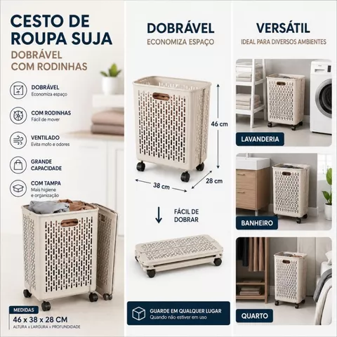 Cestos De Roupa Suja Retrátil Dobrável De Chão Com Rodinhas 46x38x28Cm