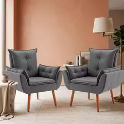 2 Poltronas Cadeiras Decorativa Luxuosa Pés Palito Madeira Suede Cinza Gray