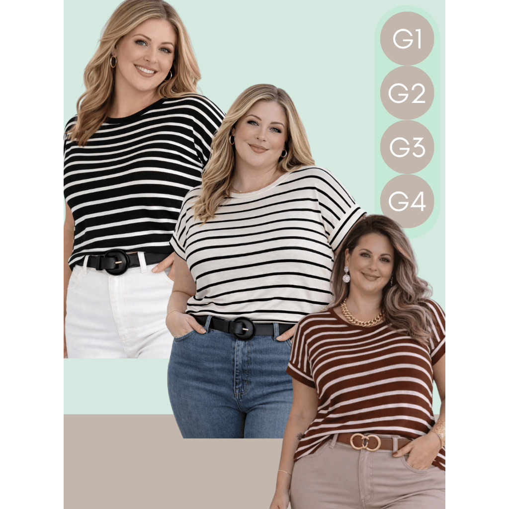 Kit 3 Blusa Feminina Plus Size T-shirt Baby Look Listrada Manga Dobrada Branco Camiseta Feminina