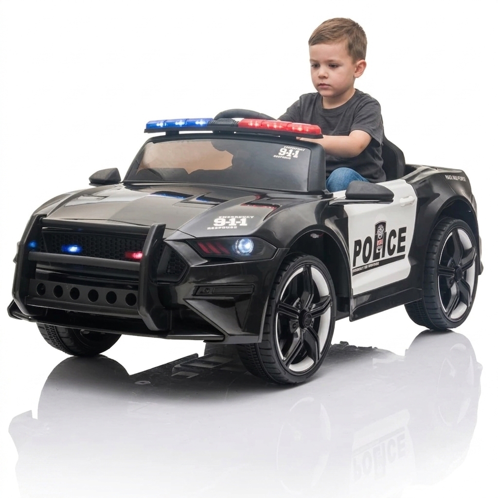 Carro Elétrico Infantil 12V Policia Carrinho Motorizado Luz Som Passeio Pedal Controle Remoto Bivolt