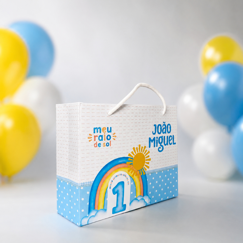 "Sacolinha Lembrancinha Infantil Meu Raio de Sol /1 aninho/montada | Festa Menino | Tema Arco-Íris e Sol"