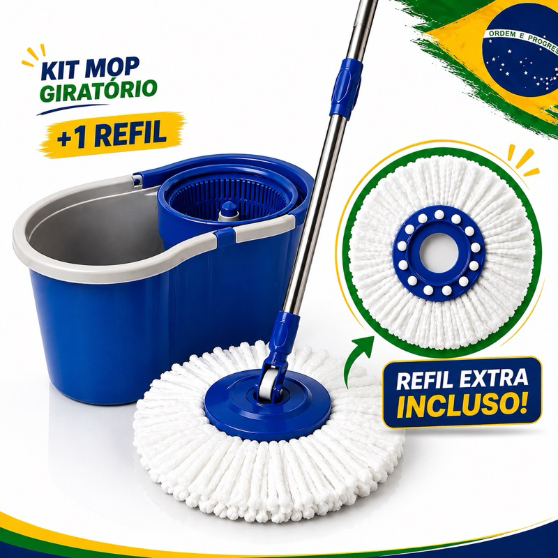 Kit Mop Com REFIL Extra para Limpeza Giratório 360° Completo