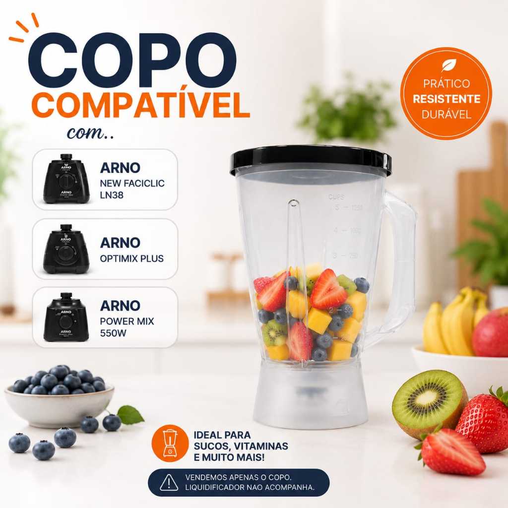Copo de liquidificador compativel com. Arno New Faciclic Ln38 / Arno Optimix Plus Power Translúcido (tampa Preta) - 6814