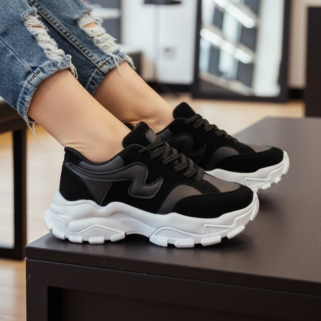 Tenis LF Preto Luxo Tratorado Sapato Plataforma Chunky Lufy