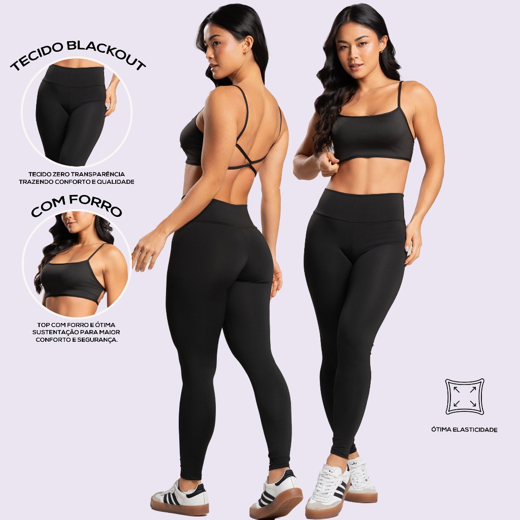 Conjunto Academia Fitness Calça Lengging Blackout Zero Transparência e Top Costa Cruzada Cellemar