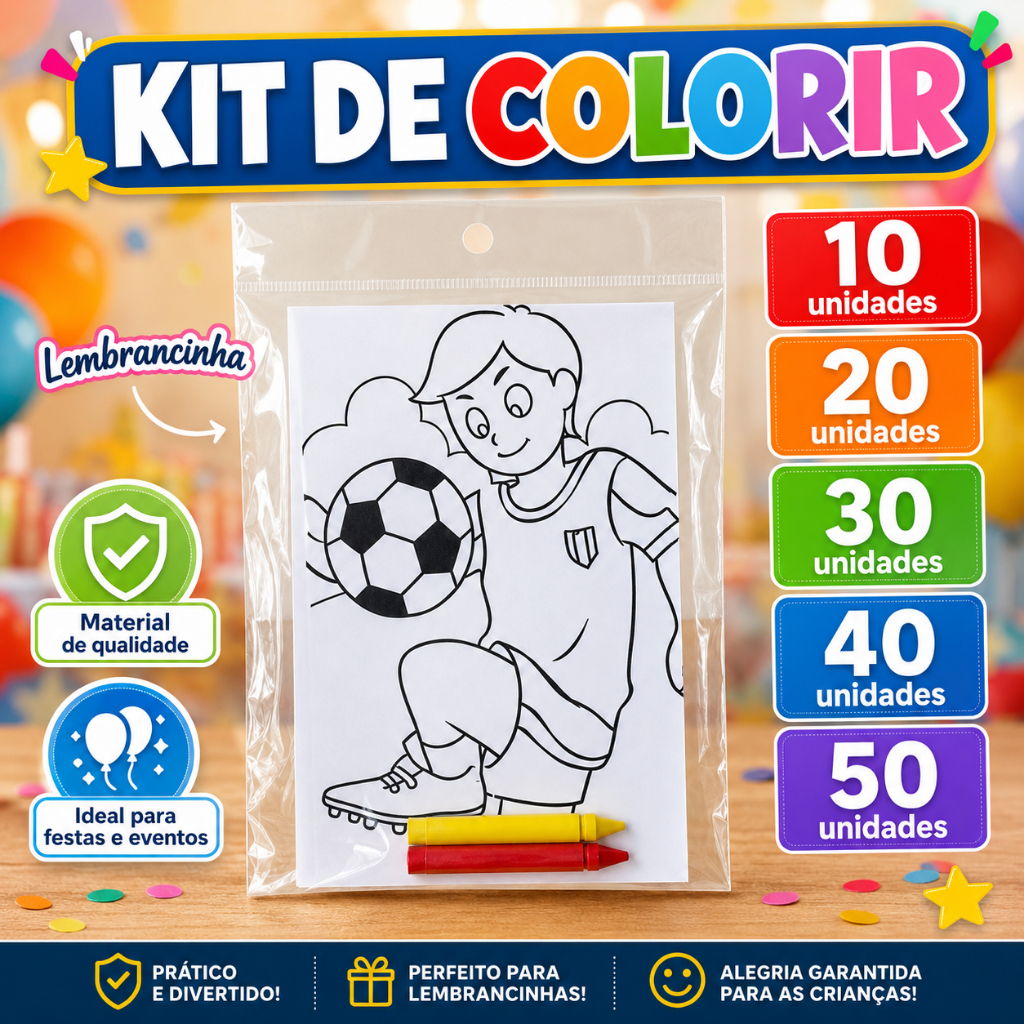 Kit Lembrancinhas de Colorir Personalizadas Futebol, Tema à Escolha – Festa Infantil, Lembrancinha Aniversário