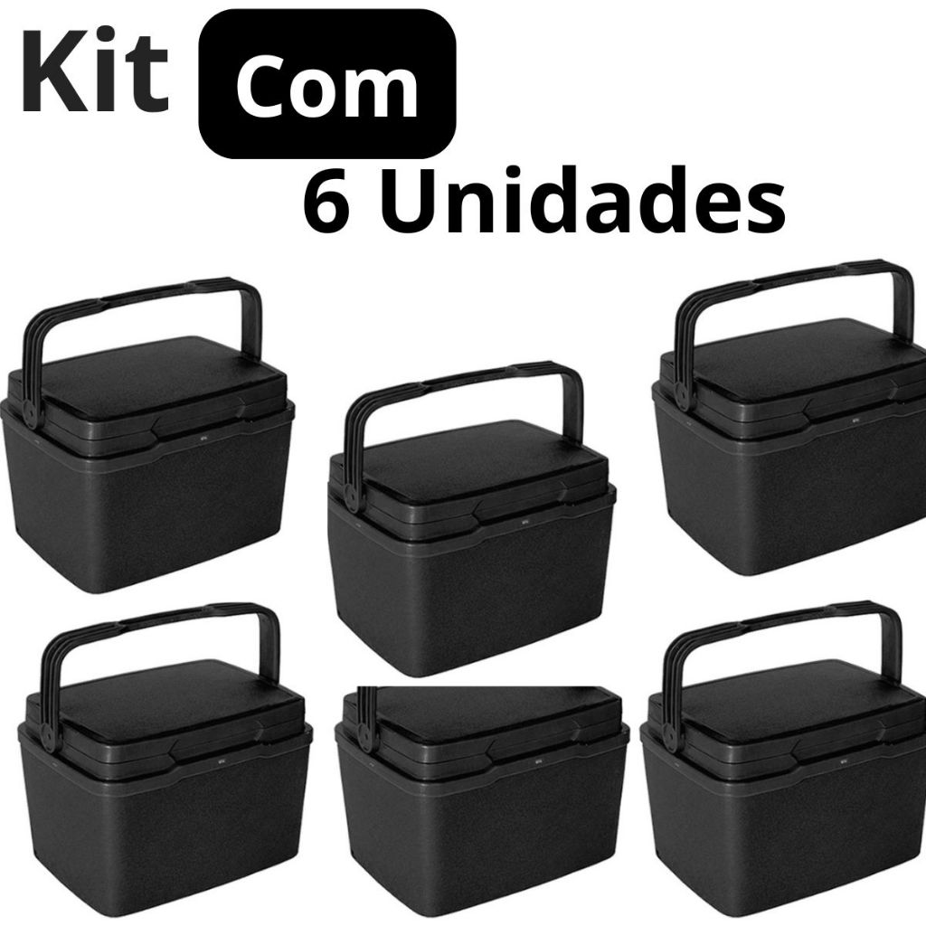 Kit 6 Cooler Térmico 7L Preto Caixa Térmica Bebidas Praia Churrasco Camping