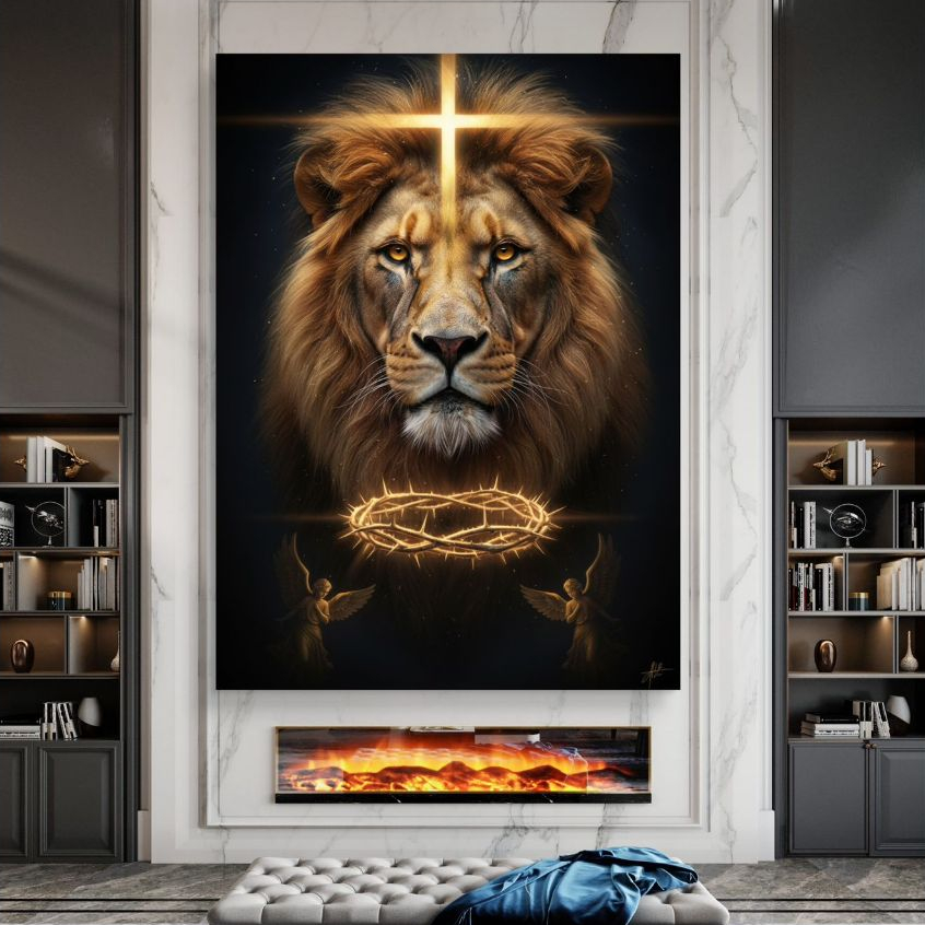 Quadro Decorativo Leão de Judá com Cruz e Coroa de Espinhos Arte Religiosa em MDF 110x70