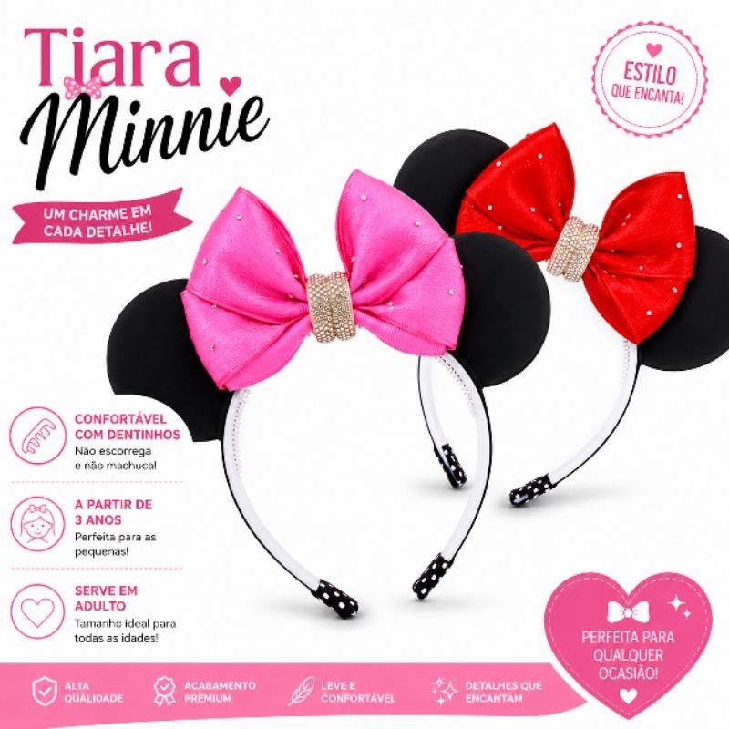 Orelha Minnie Rosa ou vermelha fantasia Laço Minnie Rosa ou vermelha  para  Meninas  faixinha RN tema Minnie festas
