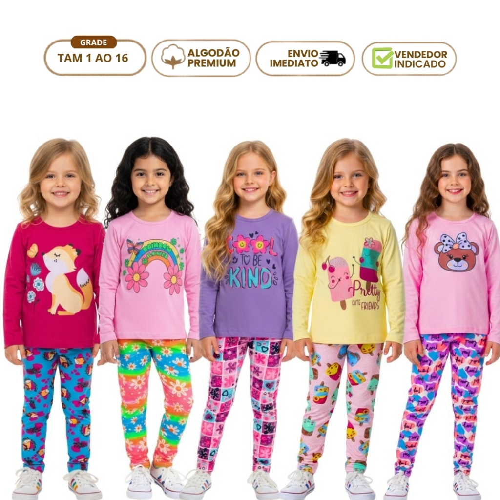 Kit 4 Conjunto Infantil Algodão Roupa de Menina Atacado Moda Bloguerinha Conjunto Legging 1 a 16 anos Escolar Barato