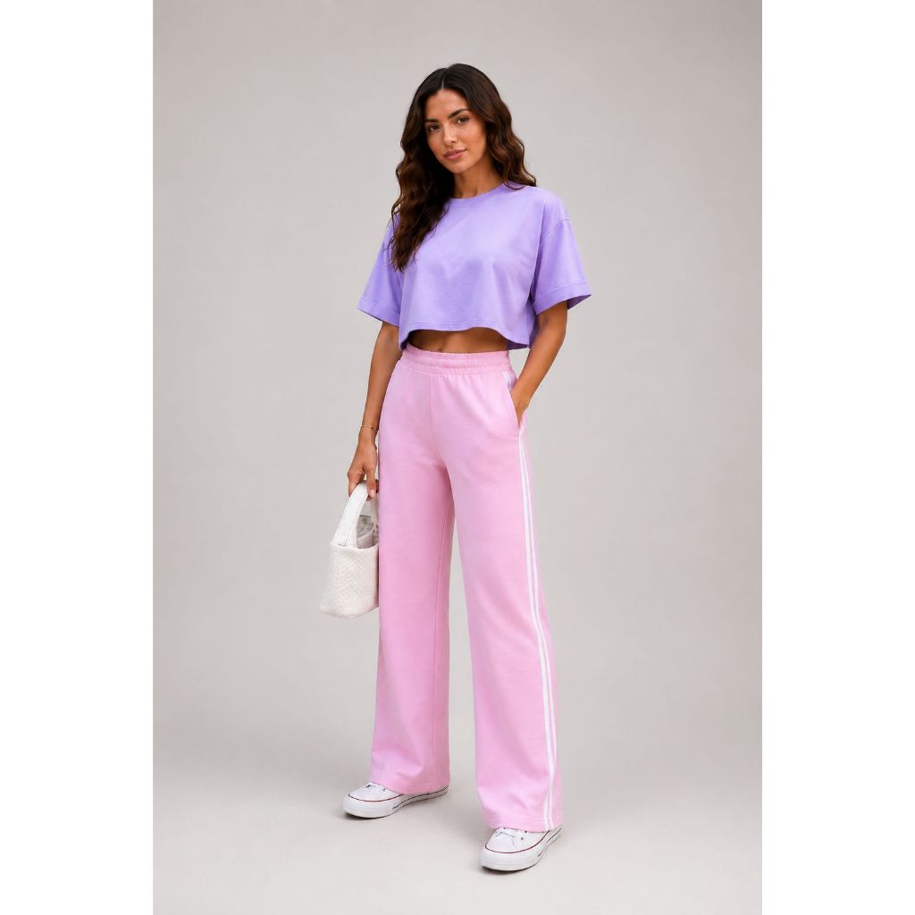 Calça Feminina Pantalona Moletinho c/ Listra Lateral Inverno Algodão Premium Bolso Lateral