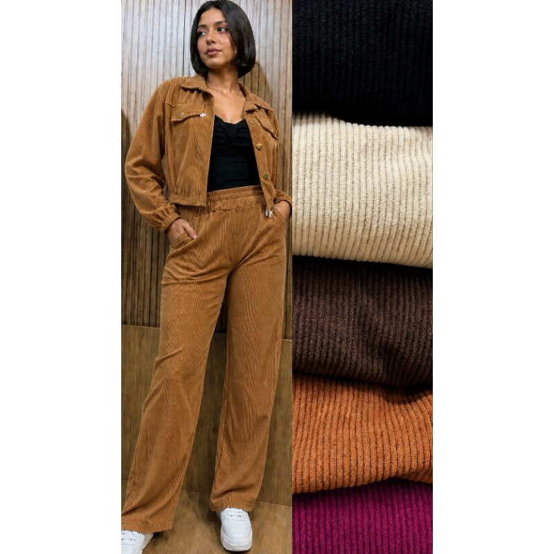 Conjunto Feminino Plus Size Veludo Cotelê calça + Jaqueta Tendência inverno G GG  G1 G2